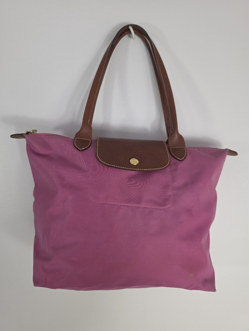 Longchamp Le Pliage Pink Nylon Tote with Brown Leather Trim Size M